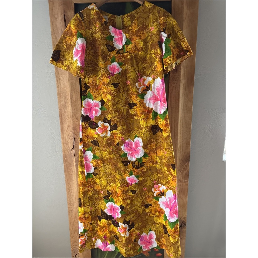 Vtg Hukilau Fashions 60s 70s Women's 6 Multicolor‎ Barkcloth Maxi Dress EUC Tiki